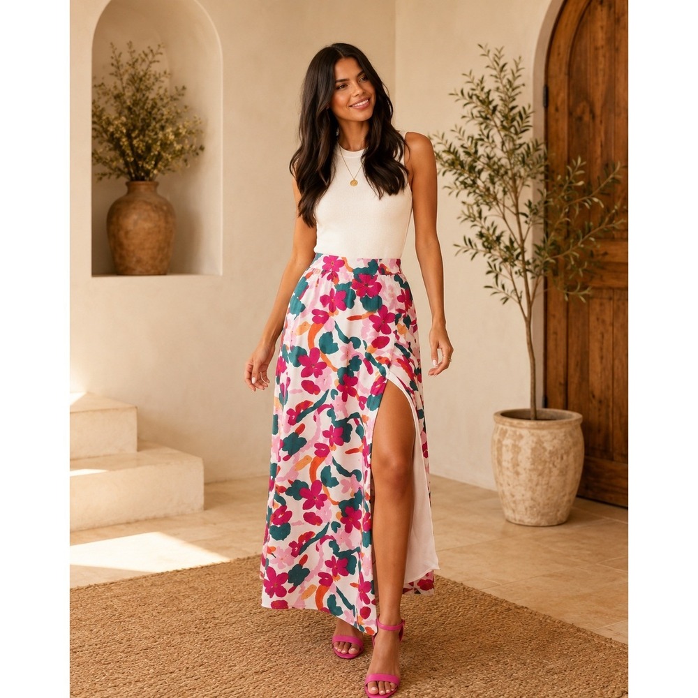 Sugarlips Wrap Skirt Poly Spandex Floral High Waist Pink Tropical Summer Medium
